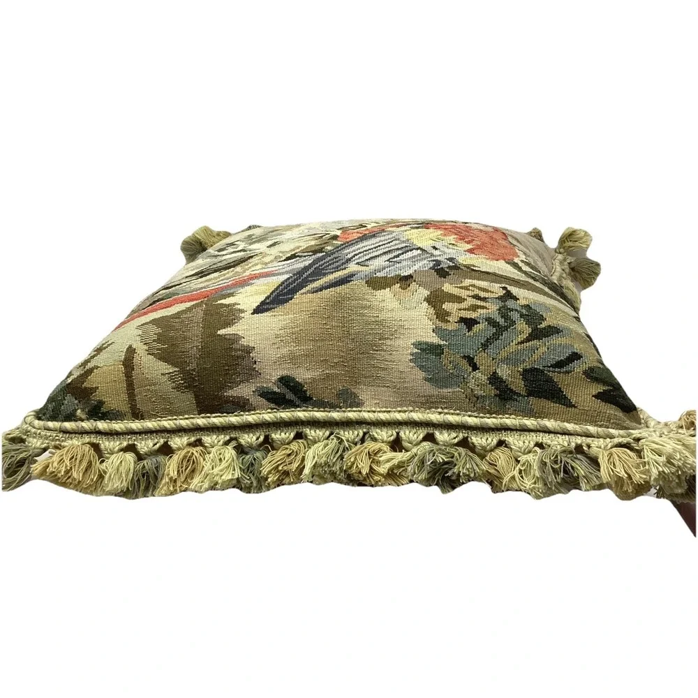 Wool Tapestry Pillow W/ Tassels Parrot Bird On A Branch Feather Stuffed20x20
